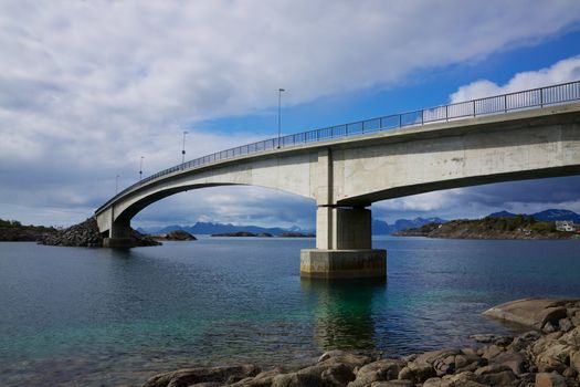 Bridge leading to town Henningsvaer on Lofoten islands in Norway