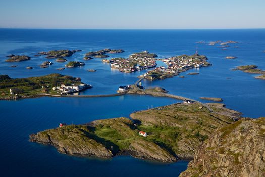 Scenic town of Henningsvaer on Lofoten islands in Norway, popular tourist destination famous for fishing and natural beauty