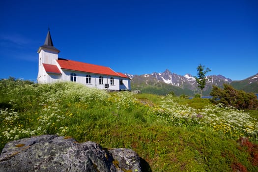 Scenic white church on Lofoten islands in Norway