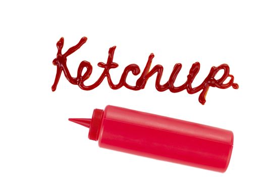  Image of a ketchup formed into words with squeeze dispenser against white background