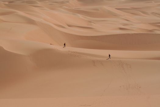 Two men walking in the middle of day in the middle of Sahara desert.