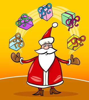 Cartoon Illustration of Funny Santa Claus or Papa Noel juggling Christmas Presents or Gifts