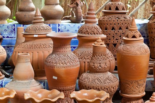 Earthenware handmade old clay pots in Bangkok, Thailand.