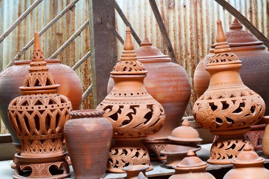 Earthenware handmade old clay pots in Bangkok, Thailand.