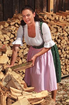 Farmer stacked wood for the coming winter