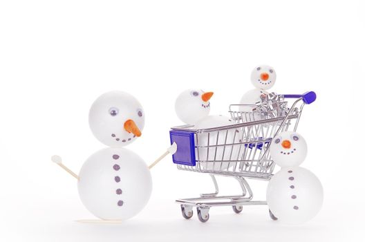 snowman shopping cart isolated on white background