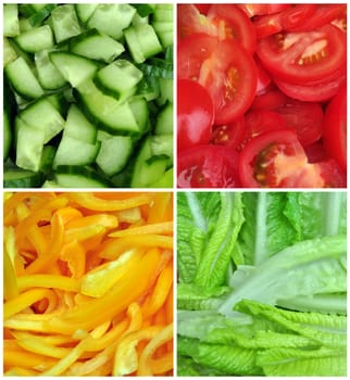 square collage of four pictures of different salad vegetables 