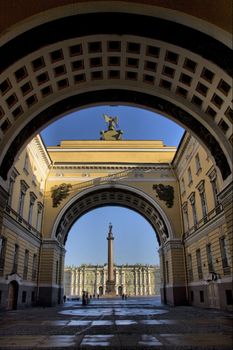 Early morning, the bright dark blue sky, view of the Alexandria Pillar from a low foreshortening