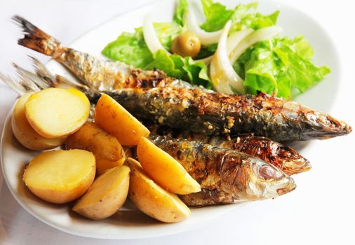 Grilled portugal sardine fish served with green salad and potatoes
