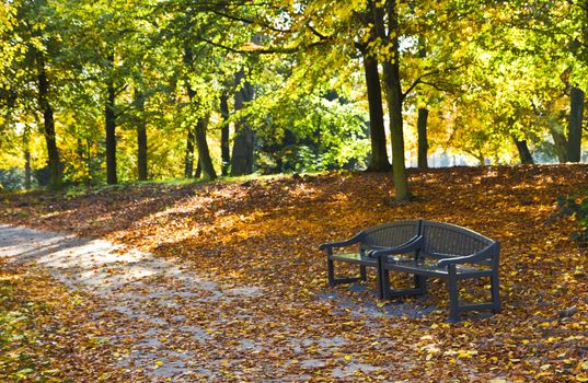 Park in autumn with benches made of recycled plastics - horizontal
