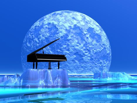 Piano standing on a iceberg in front of the moonlight