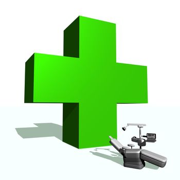 Big green cross and dental chair in white background