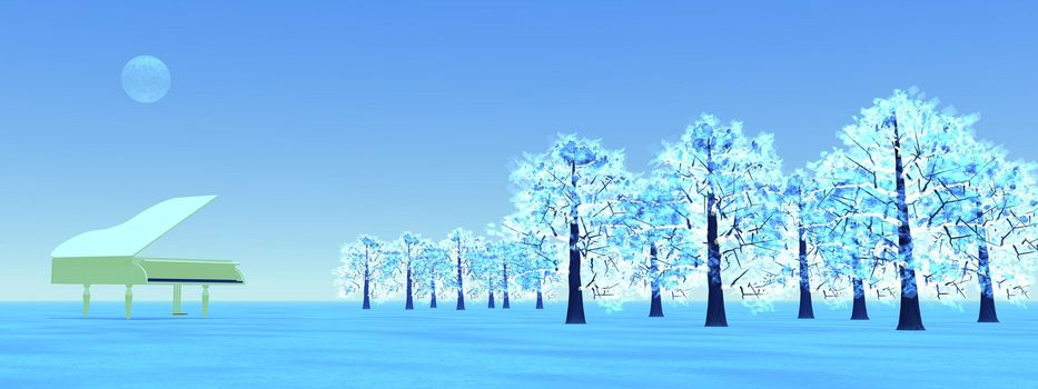 White gran piano on the snow next to a forest by blue full moon night