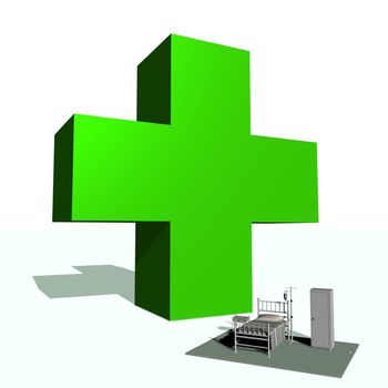 Big green cross and hospital room in white background
