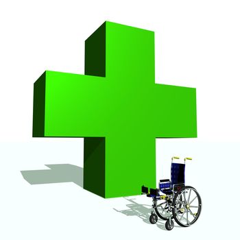 Big green cross and wheel chair in white background
