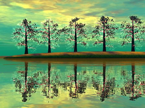 Beautiful spring landscape with trees reflecting into water by green day