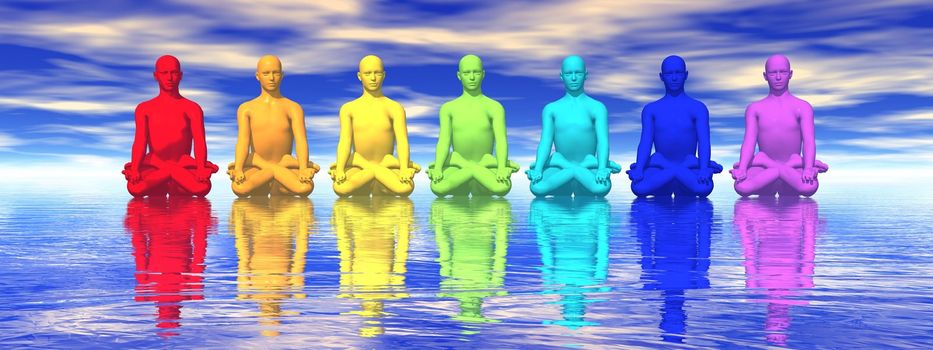 Seven human with chakra colors meditating in blue background