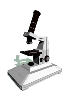Close up of a grey microscope with its shadow in white background