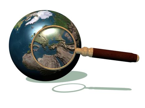 Magnifier against the earth and zooming on mediterranean sea area in white background