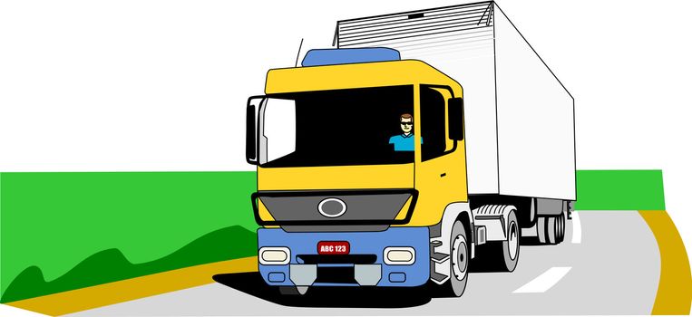 Yellow, blue and white cargo truck moves on an empty road.