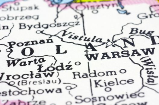 close up of Warsaw on map, capital city of Poland.