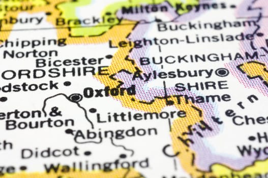 close up of Oxford city on map, of England.