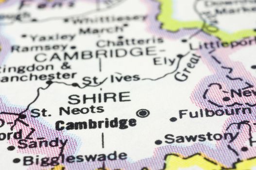 close up of Cambridge city on map, of England