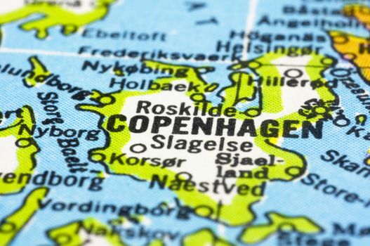 Close up of Copenhagen on map, capital city of denmark.