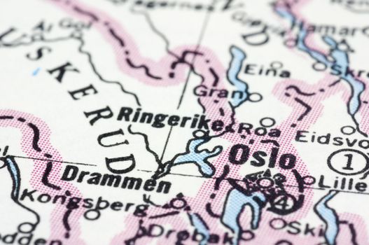 Oslo, a close up shot of Norway capital on map.