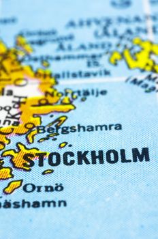 Stockholm, a close up shot of capital of sweden on map.