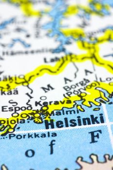 a close up shot of Helsinki, capital of Finland on map.