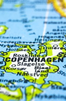 Close up of Copenhagen on map, capital city of denmark.