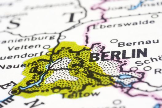 Berlin, a close up shot of capital of Germany on map.