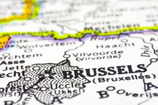 A close up shot of Brussels on map, capital of Belgium. 