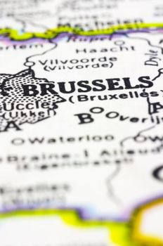 A close up shot of Brussels on map, capital of Belgium. 