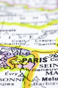 A close up of Paris on map, a city of France.