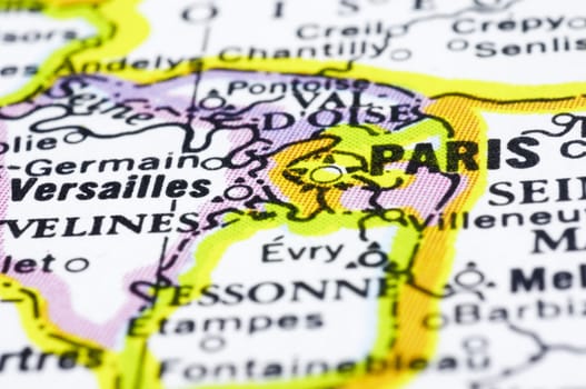 A close up of Paris on map, a city of France.