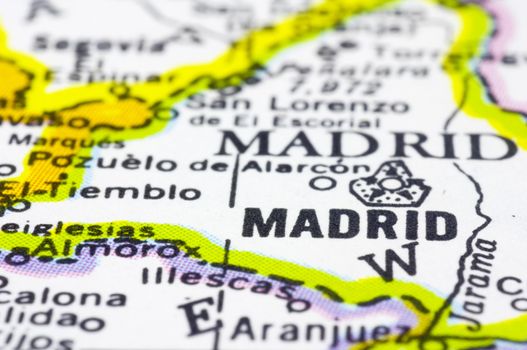 A close up shot of Madrid on map, capital of Spain.