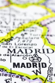 A close up shot of Madrid on map, capital of Spain.