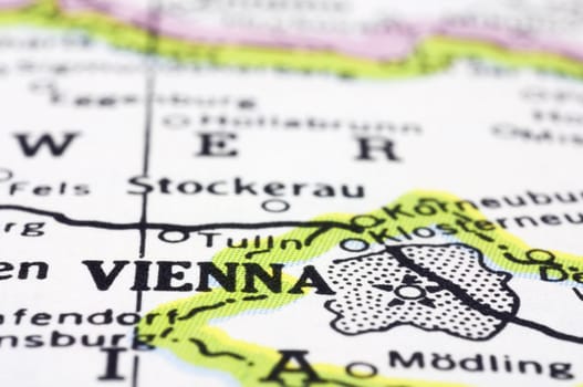 vienna, a close up shot of capital of Austria on map.