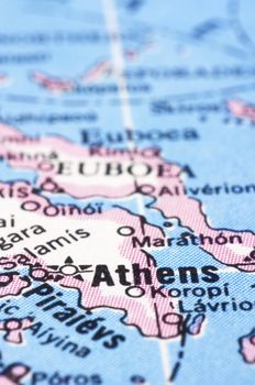 a close up shot of Athens on map, capital of Greece.