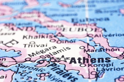 a close up shot of Athens on map, capital of Greece.