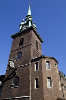 Looking up at All-Hallows-by-the-Tower in London.