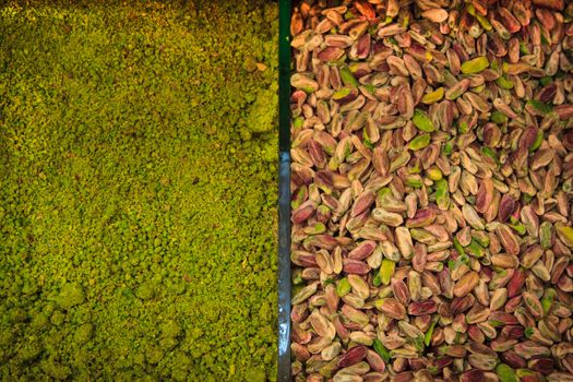 Ground and roated pistachio on market.