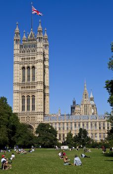 View of the Houses of Parliament from Westminster Palace Gardens in London.