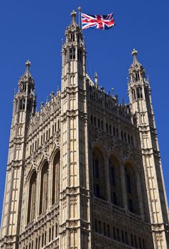 The Victoria Tower of the Houses of Parliament/Palace of Westminster in London.