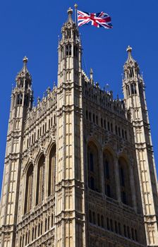 The Victoria Tower of the Houses of Parliament/Palace of Westminster in London.