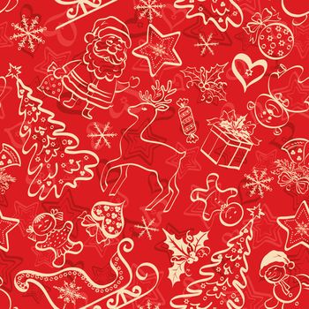 Christmas cartoon seamless background for holiday design, white contours on red