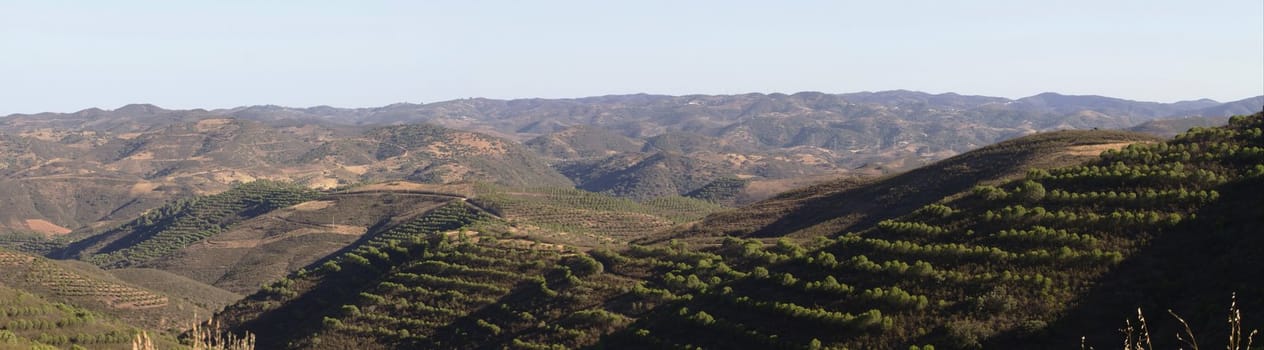 Panoramic view of the vast Algarve mountain region in Portugal.
