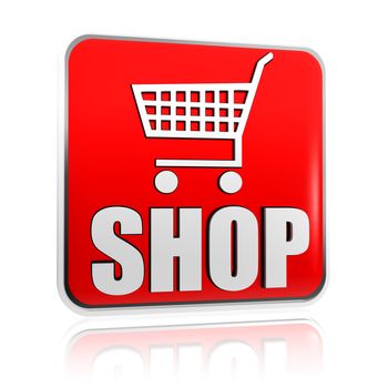 3d red banner with shopping cart sign and text shop, business concept